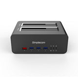 Simplecom SD352 USB 3.0 to Dual SATA Aluminium Docking Station with 3-Port Hub and 1 Port 2.1A USB Charger - Front View