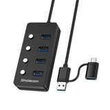 Simplecom CH345C SuperSpeed USB-A and USB-C to 4-Port USB 3.0 Hub 5Gbps Individual Switches and Power Adapter - Front View
