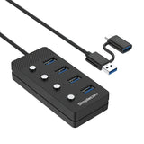 Simplecom CH345C SuperSpeed USB-A and USB-C to 4-Port USB 3.0 Hub 5Gbps Individual Switches and Power Adapter - Side View