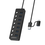 7-Port USB 3.0 Hub with Individual Power Switches and Dual USB-A/C Connectivity - Side View