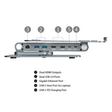 Simplecom CHT660 Adjustable Aluminium Laptop Stand with 6-Port USB-C Docking Station Dual 4K HDMI Display - 45-Degree Angle