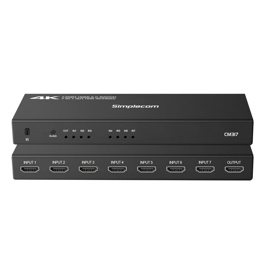 Simplecom CM317 7-Port HDMI 2.0 Switch with Remote 7 IN 1 OUT Splitter HDCP 2.2 4K@60Hz, Remote Control