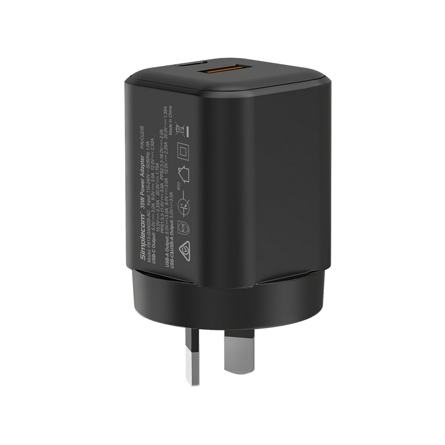 Simplecom CU235 Dual Port PD 35W Fast Wall Charger USB-C + USB-A for Phone Tablet