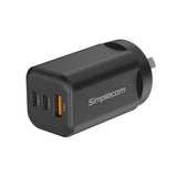 Simplecom CU365 3-Port PD 65W GaN Wall Charger Dual USB-C + USB-A for Phone Laptop