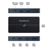 Simplecom KM320 2-Way SuperSpeed USB Switch 4-Port Hub with USB-C USB 3.0 5Gbps - Top-Down View