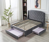 Paris Tall Tufted Velvet Dark Grey Bed with Storage Drawer - Queen - Front View