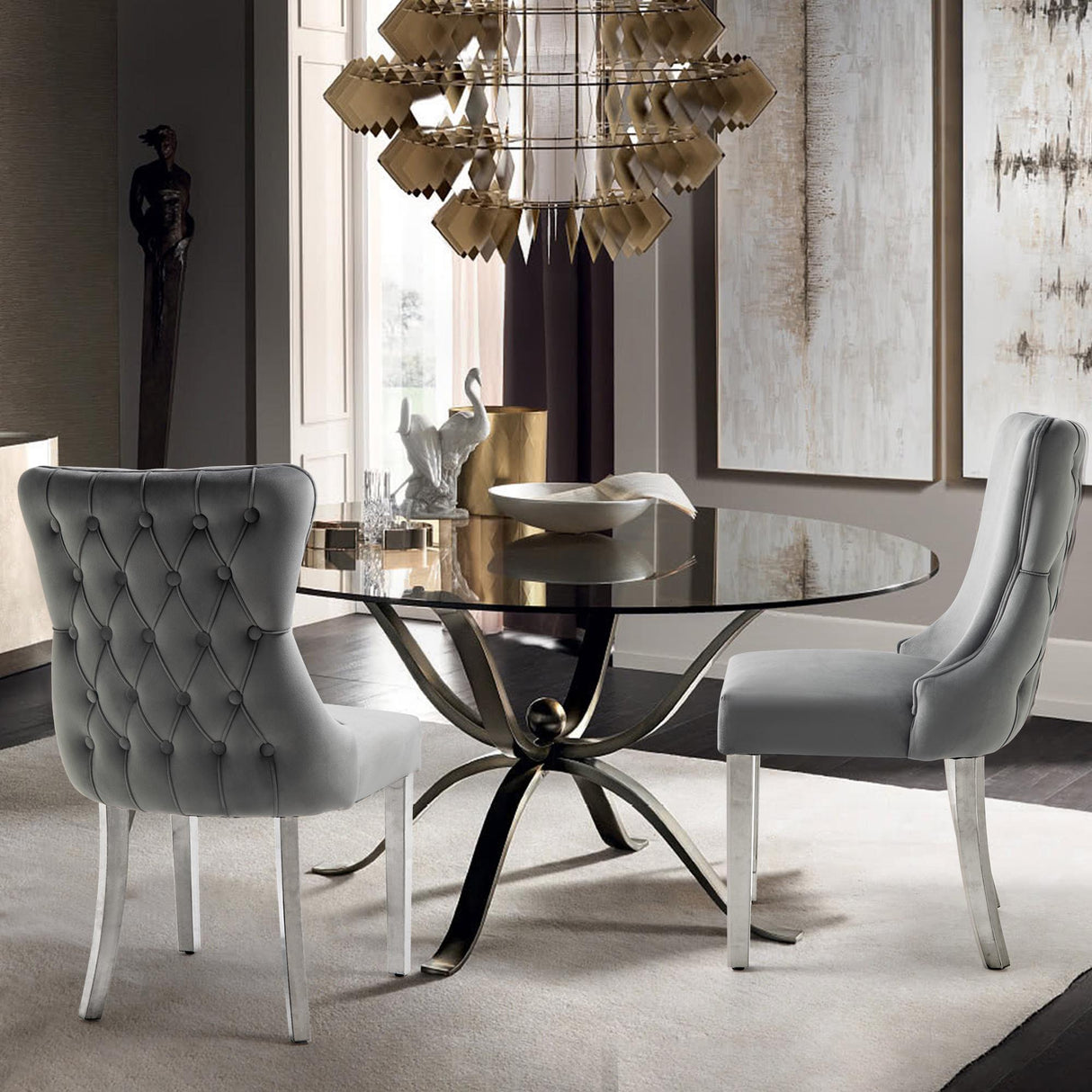 Paris Dark Grey Velvet & Silver Polished Steel Upholstered Dining Chairs Tufted Back - Set of 2
