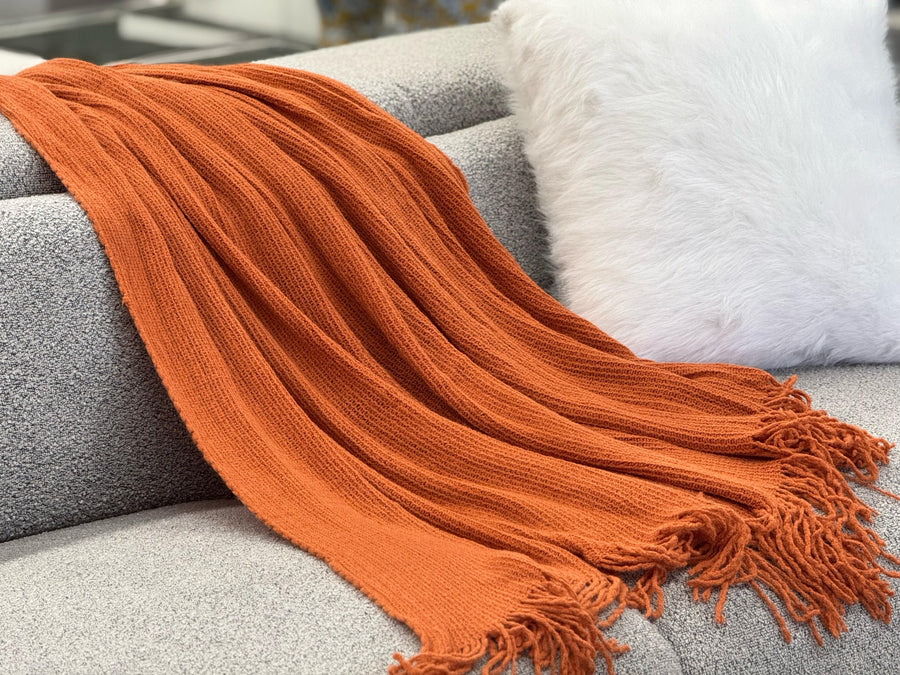 Levi orange throw rug blanket, soft fabric, 130cm x 170cm, soft cosy fabric texture