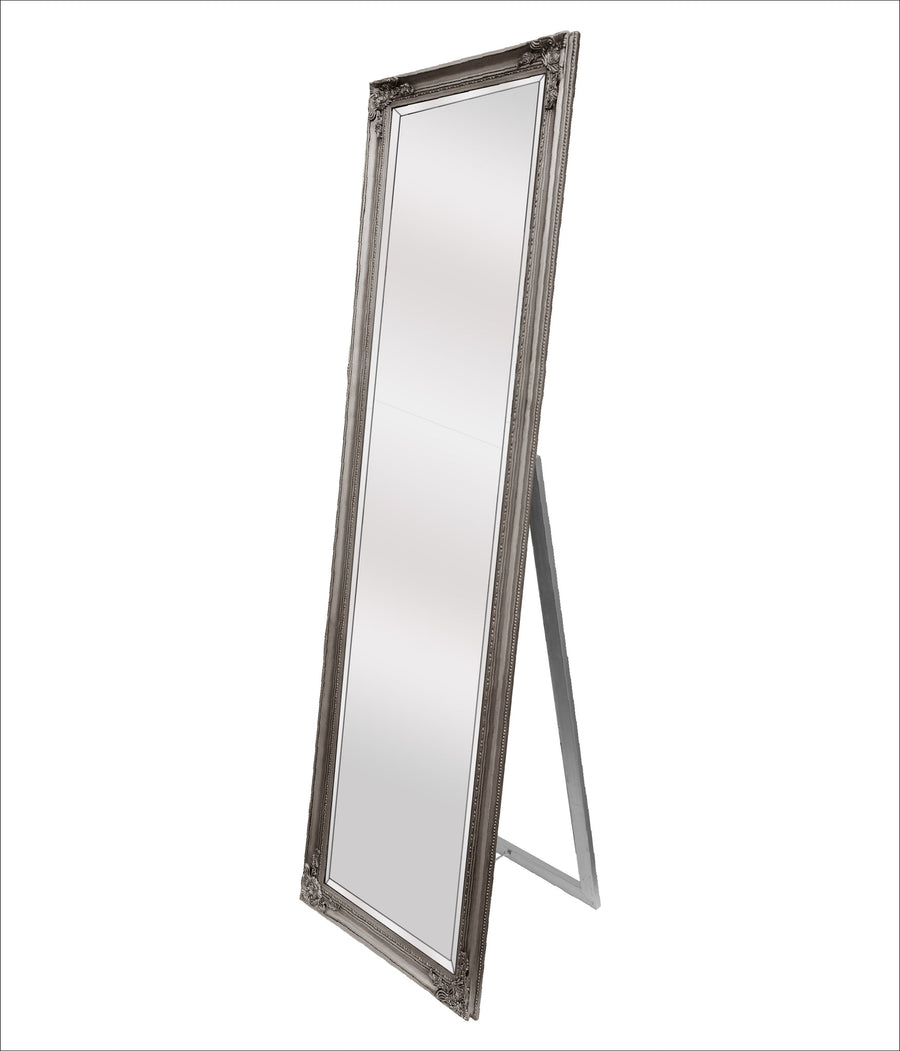 French Provincial free standing ornate floor mirror, antique silver frame