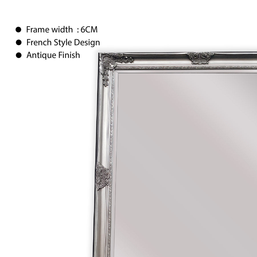 French Provincial free standing ornate floor mirror, antique silver frame, antique silver finish