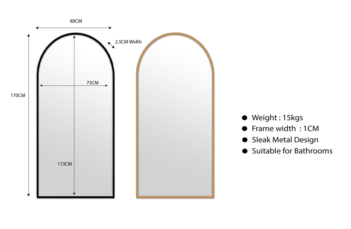 Metal Arch Mirror 80cm x 170cm - Gold