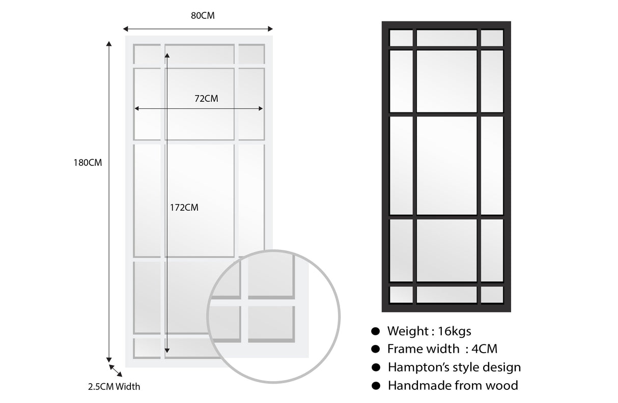 Window Style Mirror Full Length - White 80 CM x 180 CM
