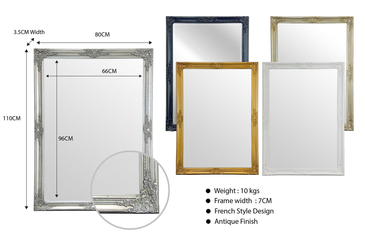 French Provincial Ornate Mirror - Antique Silver - Small 80cm x 110cm