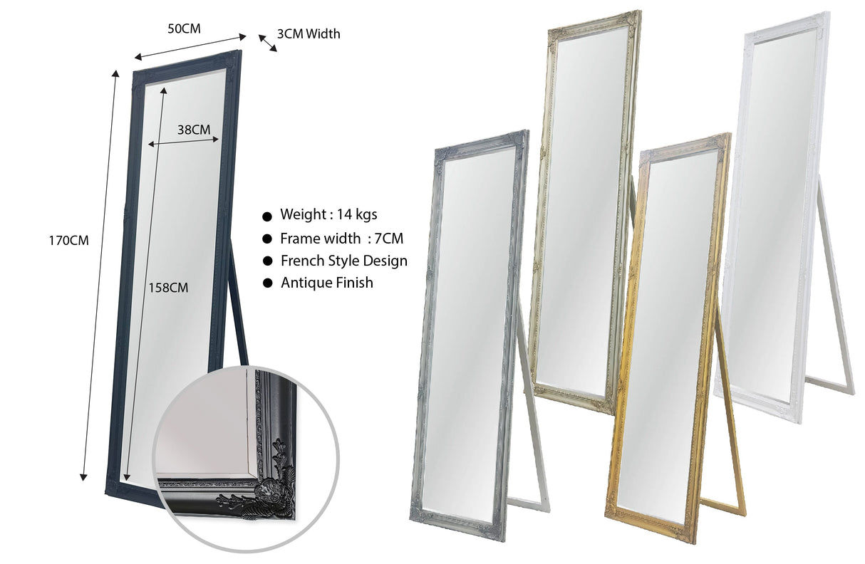 French Provincial Ornate Mirror - White - Free Standing 50cm x 170cm
