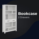 Foxglove Bookshelf Bookcase 5 Tier 2 Drawers Solid Mt Ash Timber Wood - White - Front View