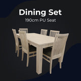Foxglove 7pc Dining Set 190cm Table 6 PU Seat Chair Solid Mt Ash Wood - White - Front View