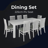 Foxglove 9pc Dining Set 225cm Table 8 PU Seat Chair Solid Mt Ash Wood - White - Front View
