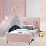 Phlox Kids Child Single Bed Fabric Upholstered Children Kid Timber Frame - Pink - Front View