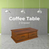 Umber Coffee Table 127cm 2 Drawer Solid Pine Timber Wood - Dark Brown - Front View