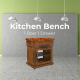 Umber Kitchen Work Bench Storage Trolley Solid Pine Wood Portable Cart Wheels - Front View