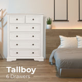 Celosia Tallboy 6 Chest of Drawers Solid Acacia Wood Bed Storage Cabinet - White - Front View