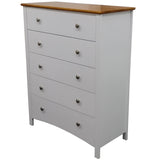Lobelia Tallboy 5 Chest of Drawers Solid Rubber Wood Bed Storage Cabinet - White - Front View