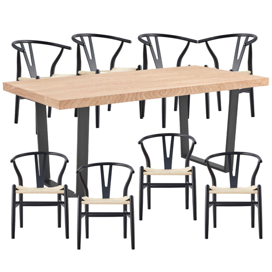 Petunia 9pc 210cm Dining Table Set 8 Wishbone Chair Elm Timber Wood Metal Leg