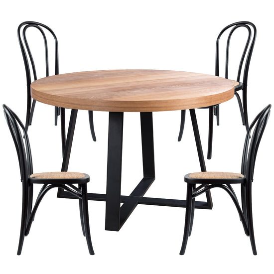 Petunia 5pc 120cm Round Dining Table Set 4 Arched Back Chair Elm Timber Wood