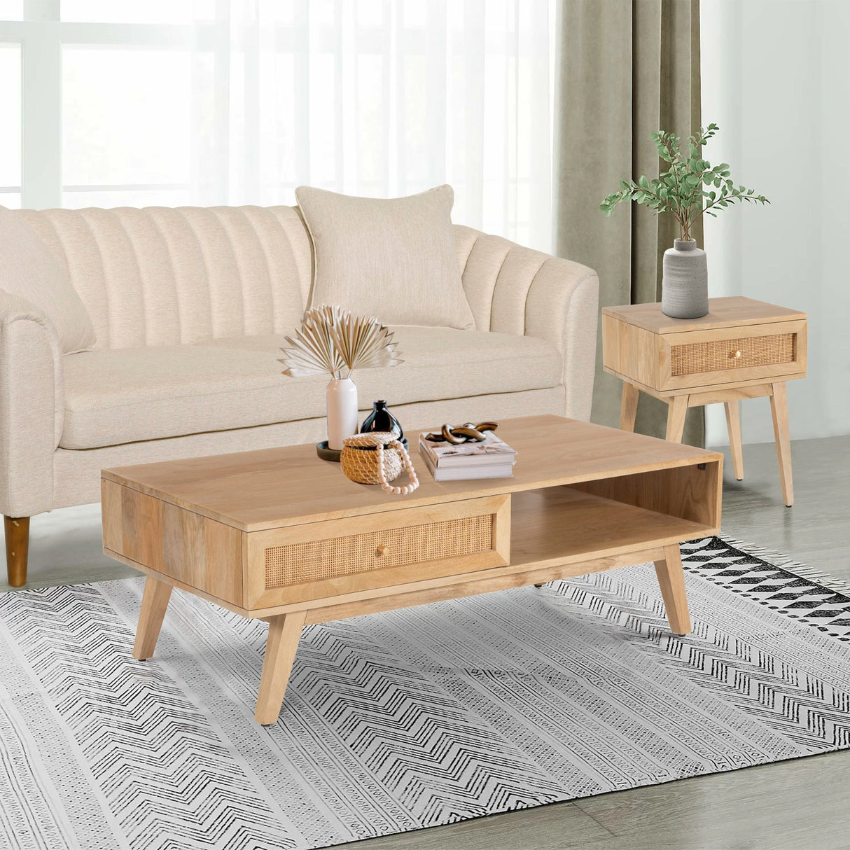 Olearia Bedside Table 1 Drawer Storage Cabinet Solid Mango Wood Rattan Natural