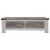 Plumeria Coffee Table 130cm 2 Drawer Solid Acacia Timber Wood - White Brush - Side View