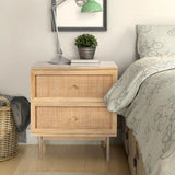 Martina Set of 2 Bedside Table 2 Drawer Storage Cabinet Solid Mango Wood Rattan - Front View