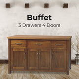 Birdsville Buffet Table 161cm 4 Door 3 Drawer Solid Mt Ash Timber Wood - Brown - Front View