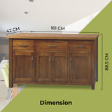 Birdsville Buffet Table 161cm 4 Door 3 Drawer Solid Mt Ash Timber Wood - Brown - Side View