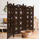 Iron Jali 4 Panel Room Divider Screen Privacy Shoji Timber Wood Stand - Burnt - Front View