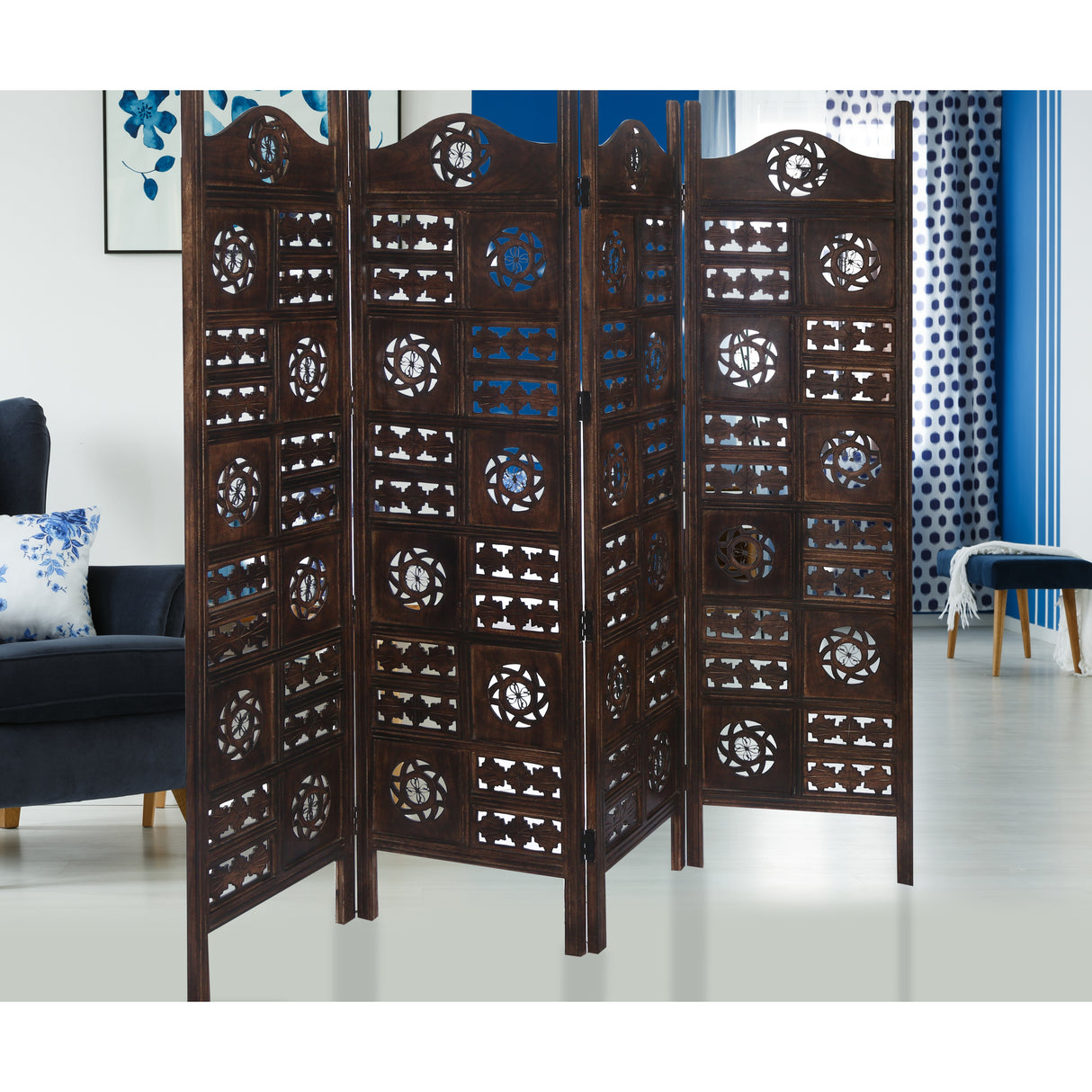 Circle Jali 4 Panel Room Divider Screen Privacy Shoji Timber Wood Stand - Burnt