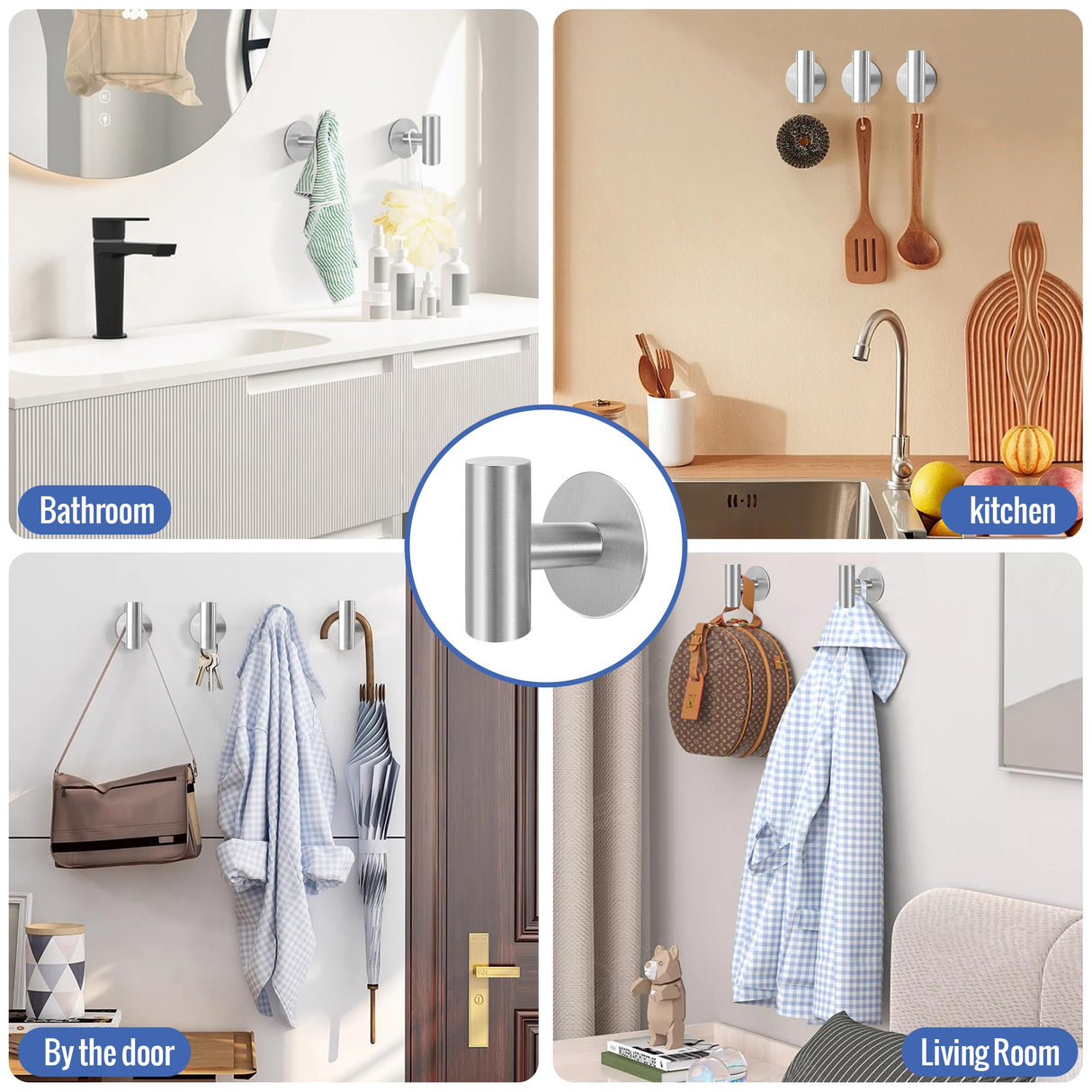 Self-Adhesive Heavy-Duty Brushed Nickel Towel Hooks - 2 Pack Wall-Mounted Cloth Hangers for Bathroom and Home