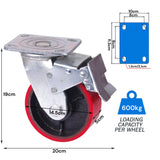 4x 6 inch Industrial 2400KG Swivel Brake Locking Caster Castor Wheels Casters 2x swivel 2x fixed Furniture Workbench - Rear View