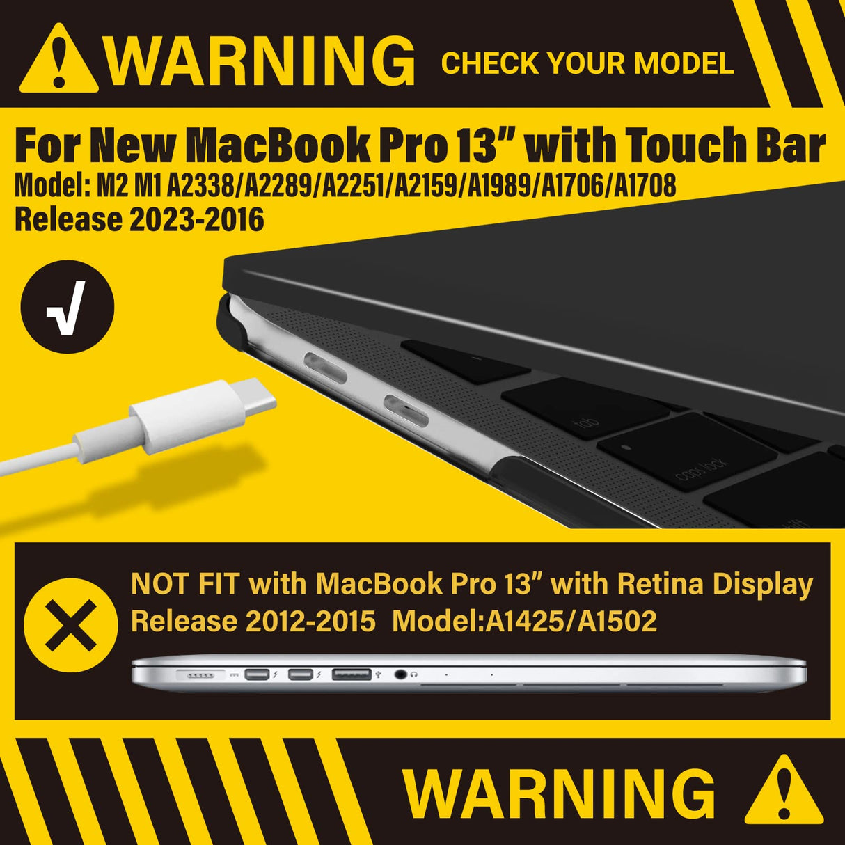 MacBook Pro 13 Inch Hard Shell Case with Keyboard Cover for M1 M2 Models (2016-2023) - Black A2338 A2289 A2251 A2159 Compatible
