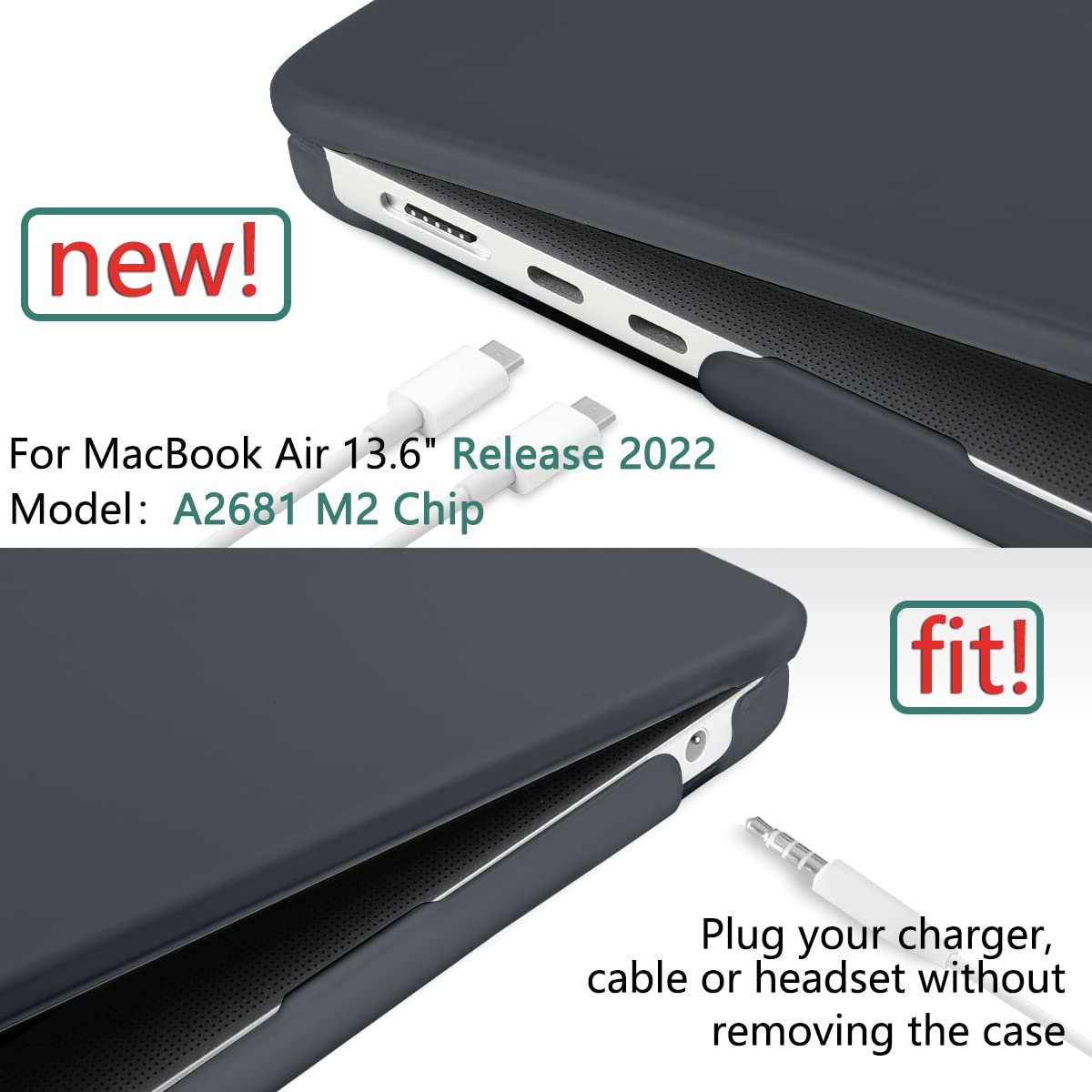Frosted Hard Shell Case & Keyboard Skin for 2023/2022 MacBook Air 13 M2 Model A2681 - Black
