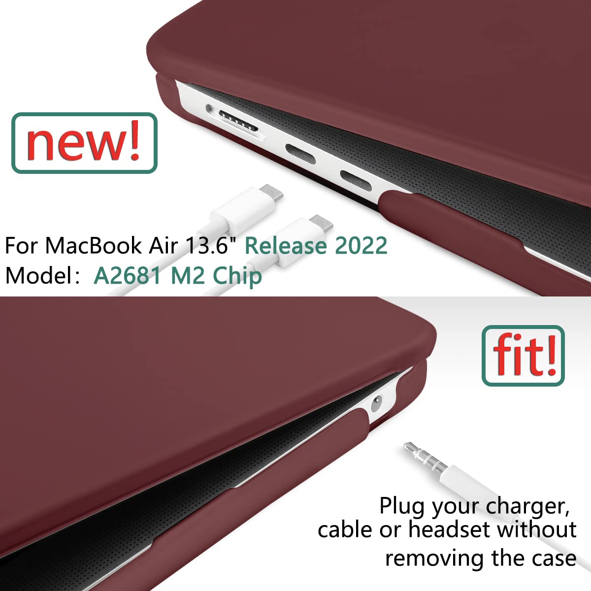 Chic Wine Red Hard Shell Cover with Keyboard Protector for 2023 2022 MacBook Air 13 M2 Model A2681