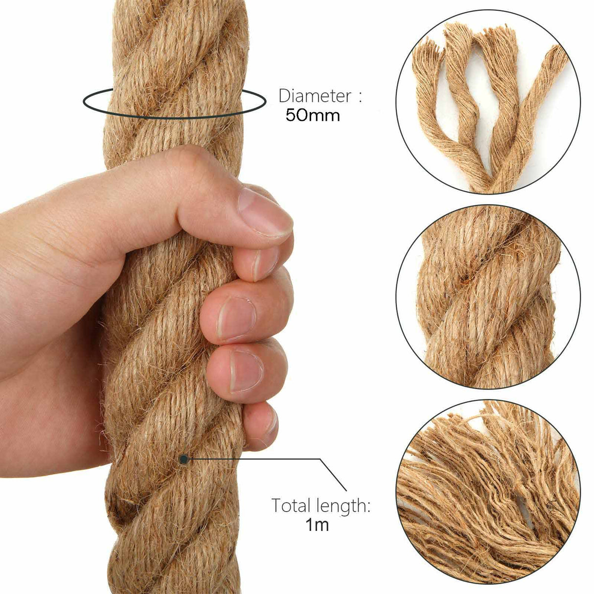 1m Sisal 50mm Rope Natural Twine Cord Thick Jute Hemp Manila Crafting Home Decor