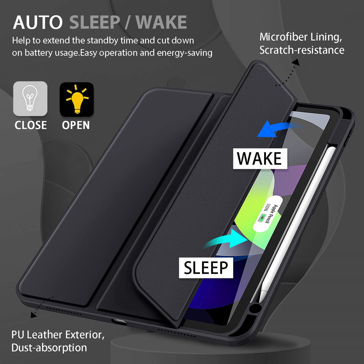Slim Clear TPU Case for iPad 10.9 2022 with Pencil Holder - Auto Wake/Sleep, Black