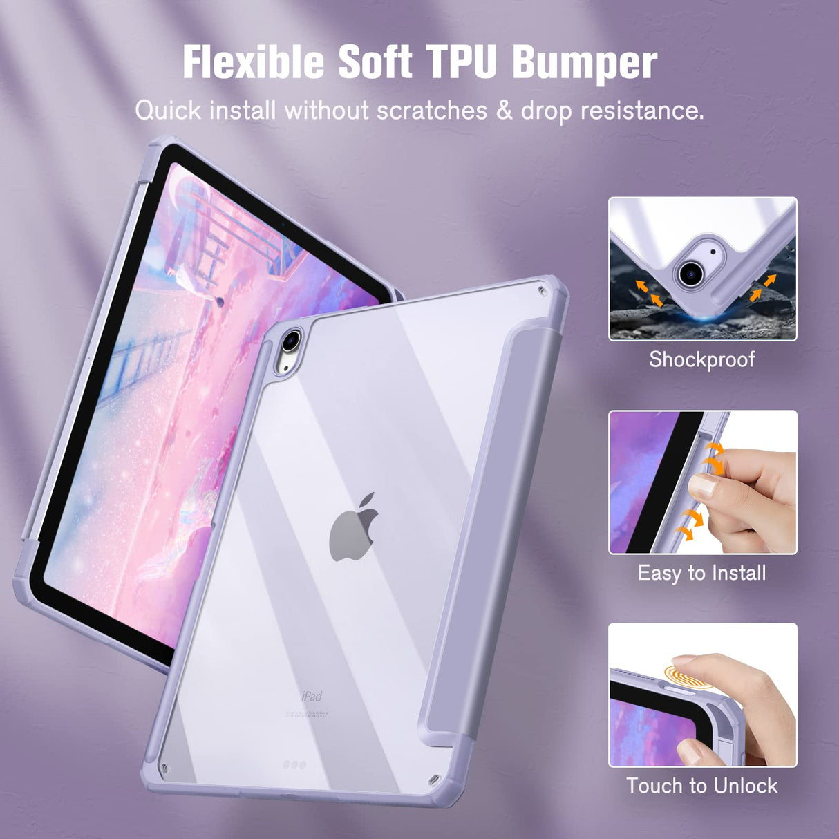 Lavender Soft TPU Case for iPad 10.9 Inch 2022 with Apple Pencil Holder and Auto Wake/Sleep Feature