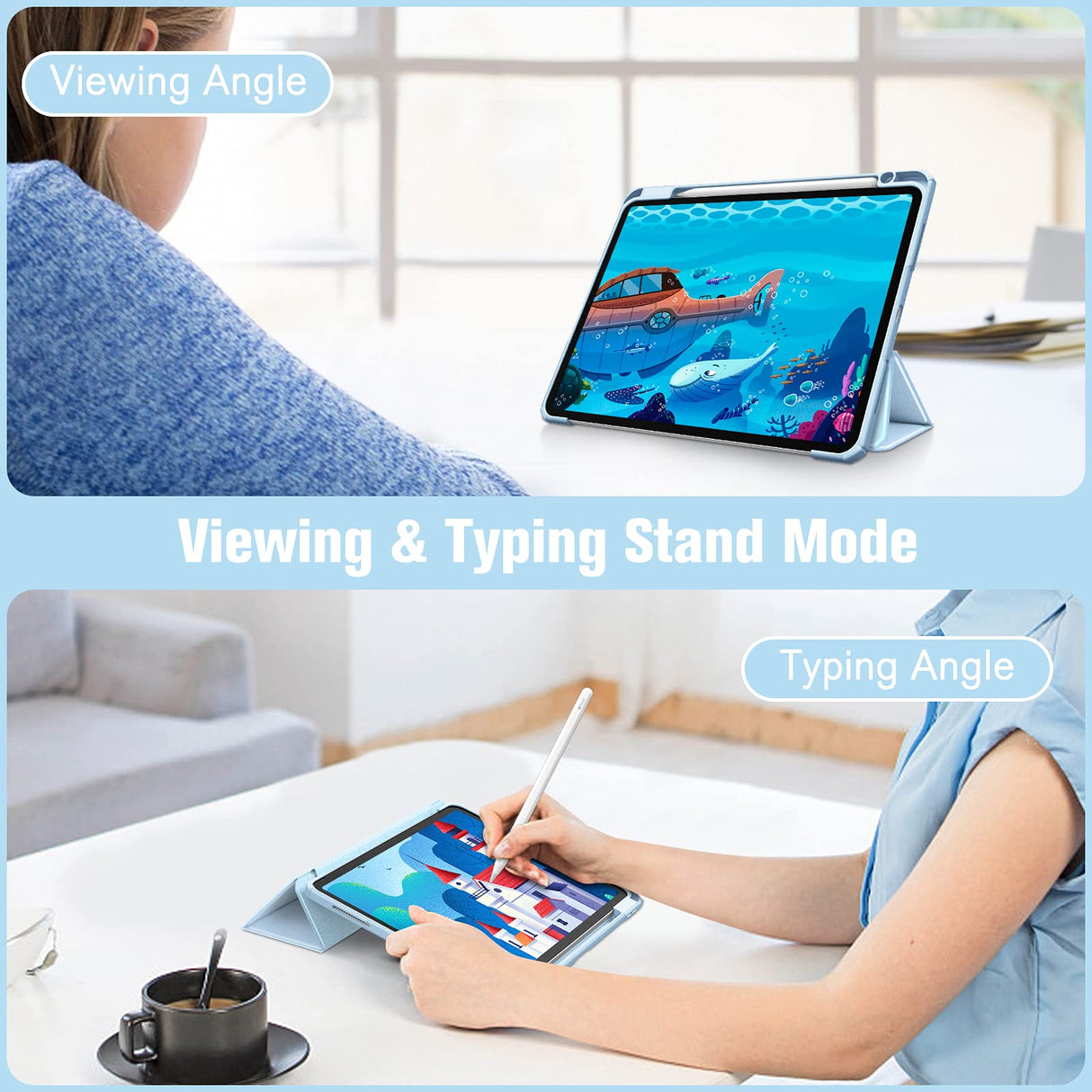 Premium Ice Blue TPU Case for iPad Pro 11 (2018-2022) with Auto Sleep/Wake, Stand Feature & Pencil Holder