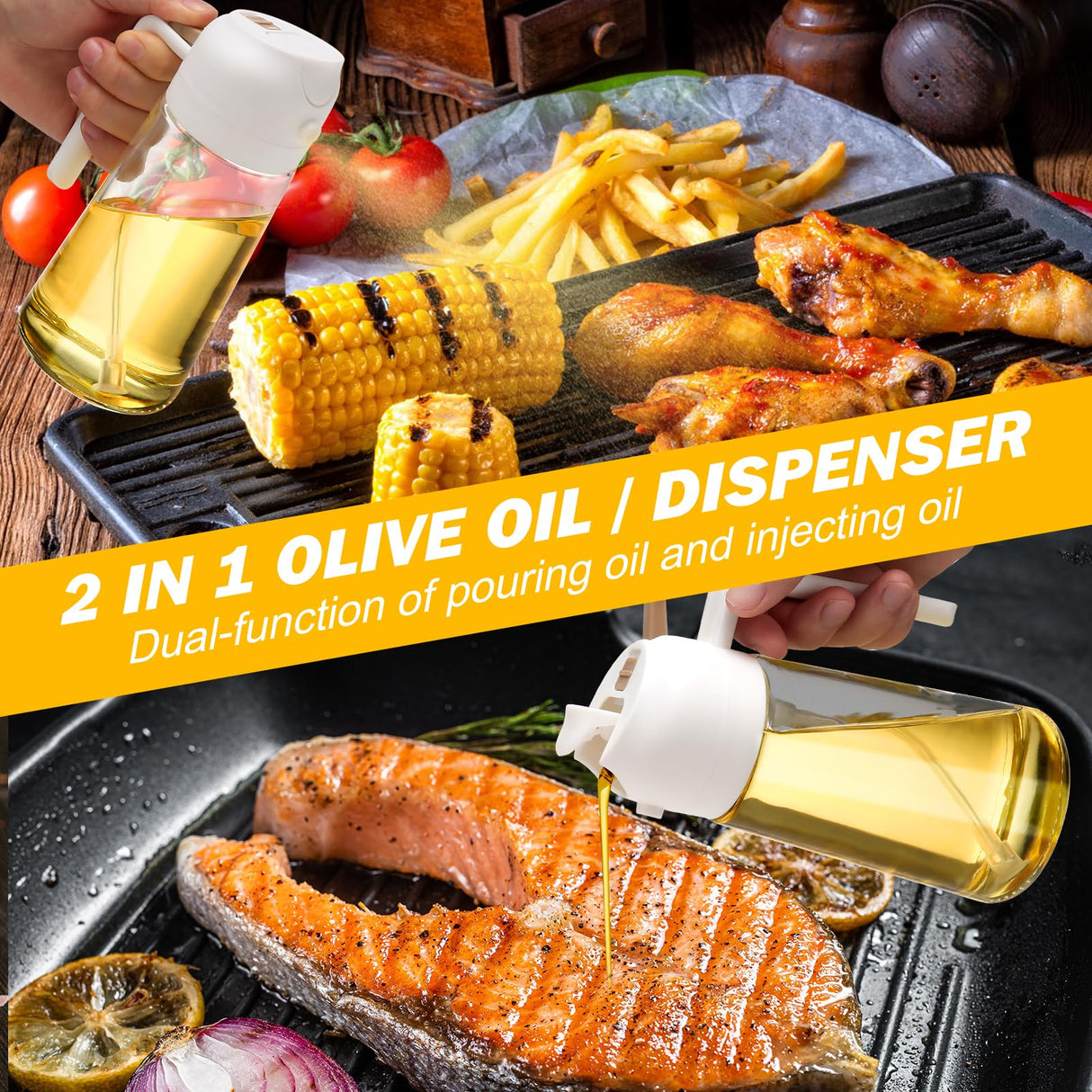 600ml Dual-Function Glass Oil Sprayer Dispenser for Cooking, Baking, and BBQ - White