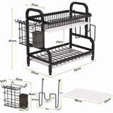 Dish Rack 2 Tier Dish Dryer Drainer Stainless Steel Dish Drying Rack Drip Trays Side Holder Kitchen Storage Save Space - Front View
