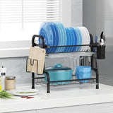 Dish Rack 2 Tier Dish Dryer Drainer Stainless Steel Dish Drying Rack Drip Trays Side Holder Kitchen Storage Save Space - Top-Down View