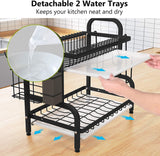Dish Rack 2 Tier Dish Dryer Drainer Stainless Steel Dish Drying Rack Drip Trays Side Holder Kitchen Storage Save Space - Rear View