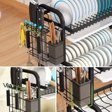 Dish Rack 2 Tier Dish Dryer Drainer Stainless Steel Dish Drying Rack Drip Trays Side Holder Kitchen Storage Save Space - Close-Up Angle