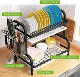 Dish Rack 2 Tier Dish Dryer Drainer Stainless Steel Dish Drying Rack Drip Trays Side Holder Kitchen Storage Save Space - Low Angle